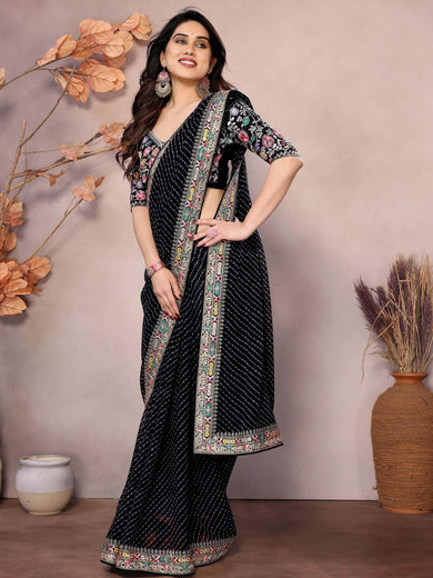 Stylish Black Leheriya Print Party Wear Saree With Blouse